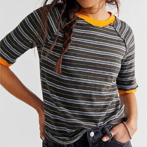 Free People Striped Short Sleeve Tee - Black and Orange